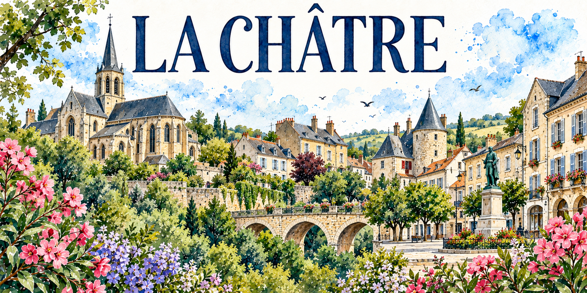 La Châtre en aquarelle : l'église de pierre blonde à gauche avec son haut clocher à flèche d'ardoise et ses contreforts, les maisons claires aux toits d'ardoise, un gros donjon rond coiffé d'un toit conique d'ardoise au centre, le pont de pierre à arches sur l'Indre, une statue de bronze sur son haut socle de pierre au milieu de la place à droite, les façades à arcades et volets bleus, les arbres taillés et les massifs fleuris, lauriers-roses et hortensias mauves au premier plan