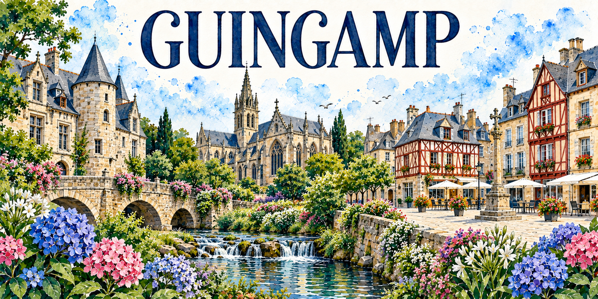 Guingamp en aquarelle : le château à gauche, sa grosse tour ronde de pierre coiffée d'un toit conique d'ardoise et ses bâtiments à lucarnes, le pont de pierre à arches, la grande basilique gothique au centre avec sa haute flèche de pierre ajourée et ses baies, une fontaine de pierre sculptée au milieu de la place pavée, les maisons à pans de bois rouges et blancs à droite, les terrasses sous parasols, les cascades de la rivière au premier plan, hortensias bleus et roses et agapanthes blanches