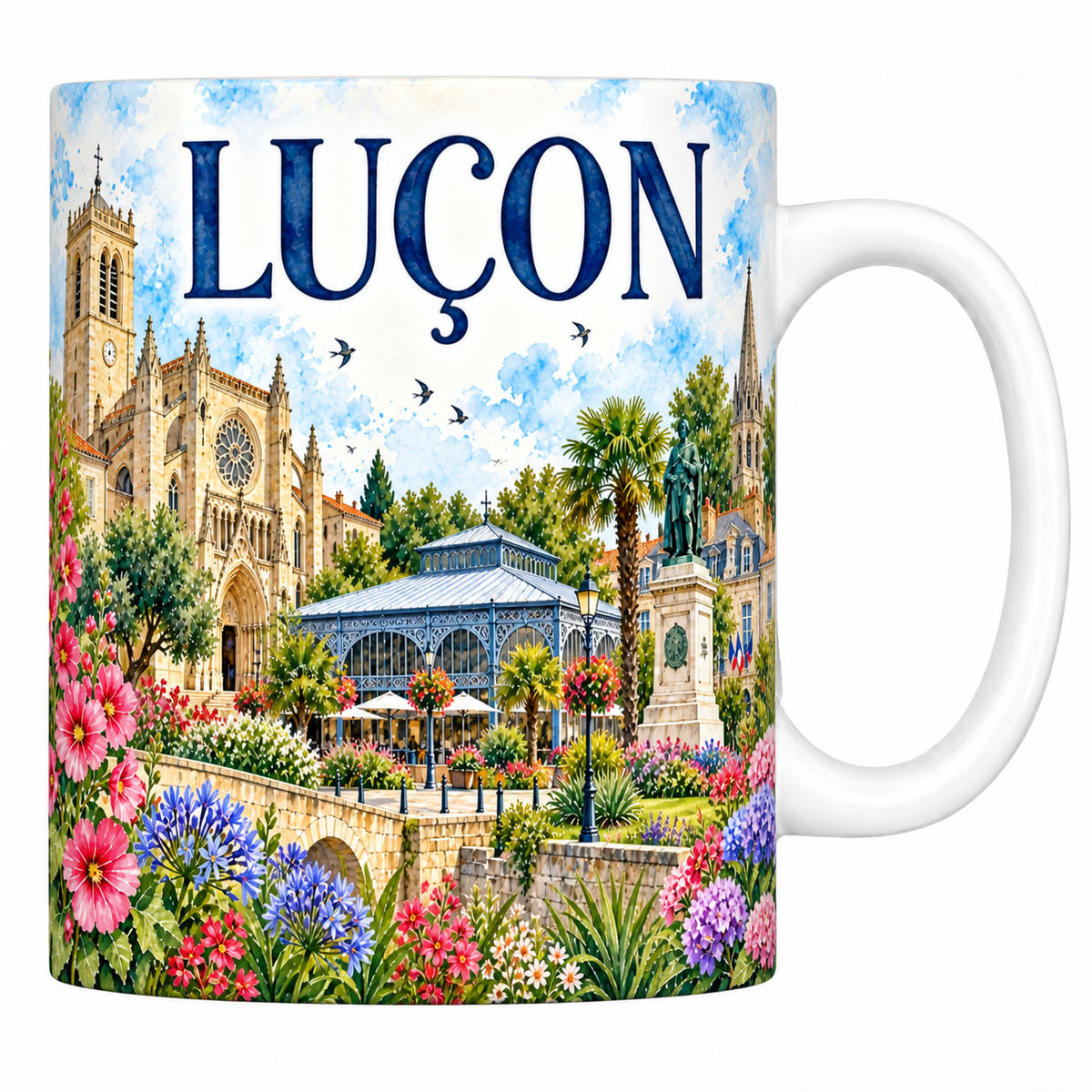 Mug céramique 330 ml Luçon : la cathédrale Notre-Dame, le pavillon de fer forgé et les palmiers en aquarelle