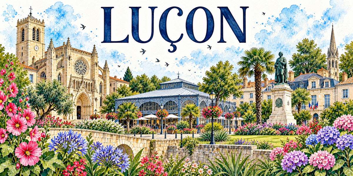 Luçon en aquarelle : la cathédrale de pierre blonde à gauche avec son clocher-tour à horloge, sa grande rosace, son portail gothique à voussures et ses contreforts, un pavillon de fer forgé à verrière bleue au centre de la place, les palmiers et les arbres taillés, une statue de bronze sur un haut socle de pierre à droite, les bâtiments classiques à toits d'ardoise et drapeaux français, un muret de pierre et des parterres, agapanthes bleues, hortensias roses et roses trémières au premier plan