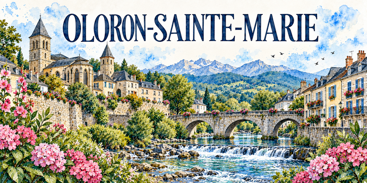 Oloron-Sainte-Marie en aquarelle : l'église de pierre claire à gauche sur sa terrasse murée, son clocher-tour roman à arcatures et son second clocher à flèche d'ardoise, les maisons béarnaises aux toits d'ardoise, volets bleus et balcons en fer forgé, le pont de pierre à arches fleuri de géraniums rouges, le gave en contrebas avec ses rapides et ses rochers, les sommets pyrénéens enneigés au fond, les collines boisées, hortensias et fleurs roses au premier plan