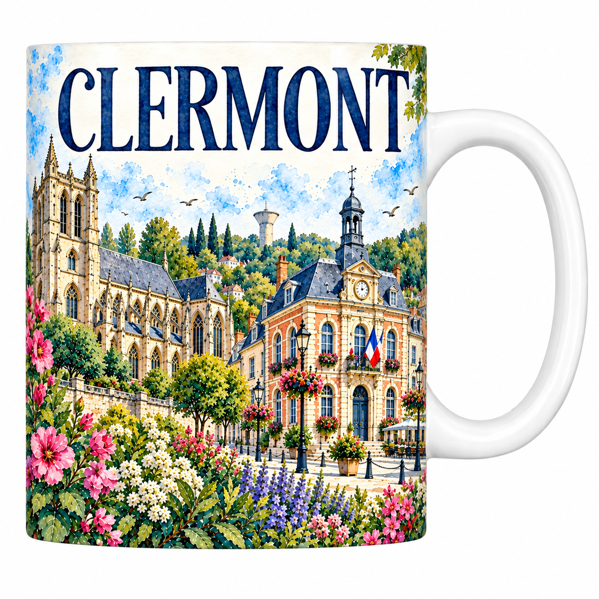 Mug céramique 330 ml Clermont dans l'Oise : l'église gothique, l'hôtel de ville à horloge et la place en aquarelle