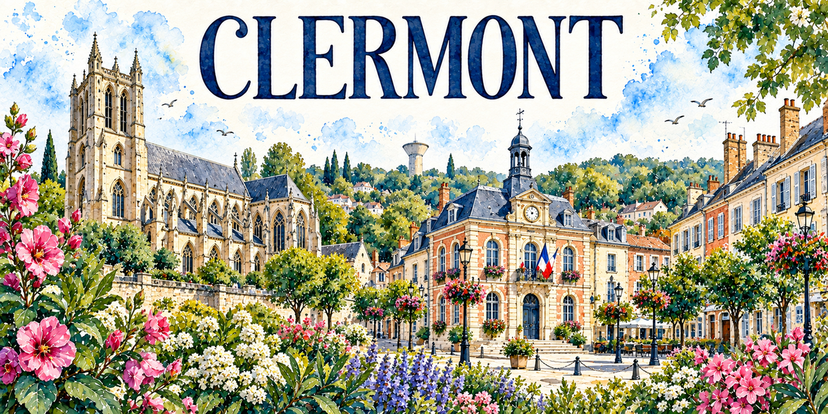 Clermont dans l'Oise en aquarelle : la grande église gothique de pierre blonde à gauche avec son clocher-tour à hauts pinacles et ses arcs-boutants, l'hôtel de ville clair aux toits d'ardoise coiffé d'un clocheton à horloge et pavoisé du drapeau tricolore, la place plantée d'arbres taillés avec ses lampadaires en fonte, les façades de pierre et de brique à volets bleus, un château d'eau sur la colline boisée au fond, roses trémières roses et massifs blancs au premier plan