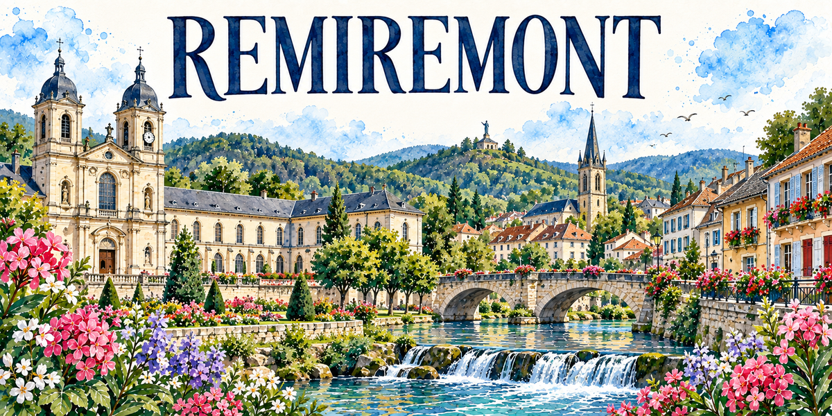 Remiremont en aquarelle : la grande église de pierre claire à gauche, sa façade classique à niches et ses deux clochers coiffés de bulbes d'ardoise dont l'un porte une horloge, le long bâtiment conventuel aux hautes fenêtres et toits d'ardoise, un clocher gothique à flèche d'ardoise au centre, les collines boisées des Vosges au fond, les balcons fleuris de géraniums rouges et les volets bleus, le pont de pierre et le seuil d'eau vive, fleurs roses au premier plan