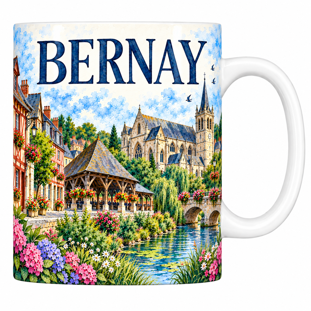 Mug céramique 330 ml Bernay : les maisons à pans de bois, la halle de bois et l'église gothique en aquarelle