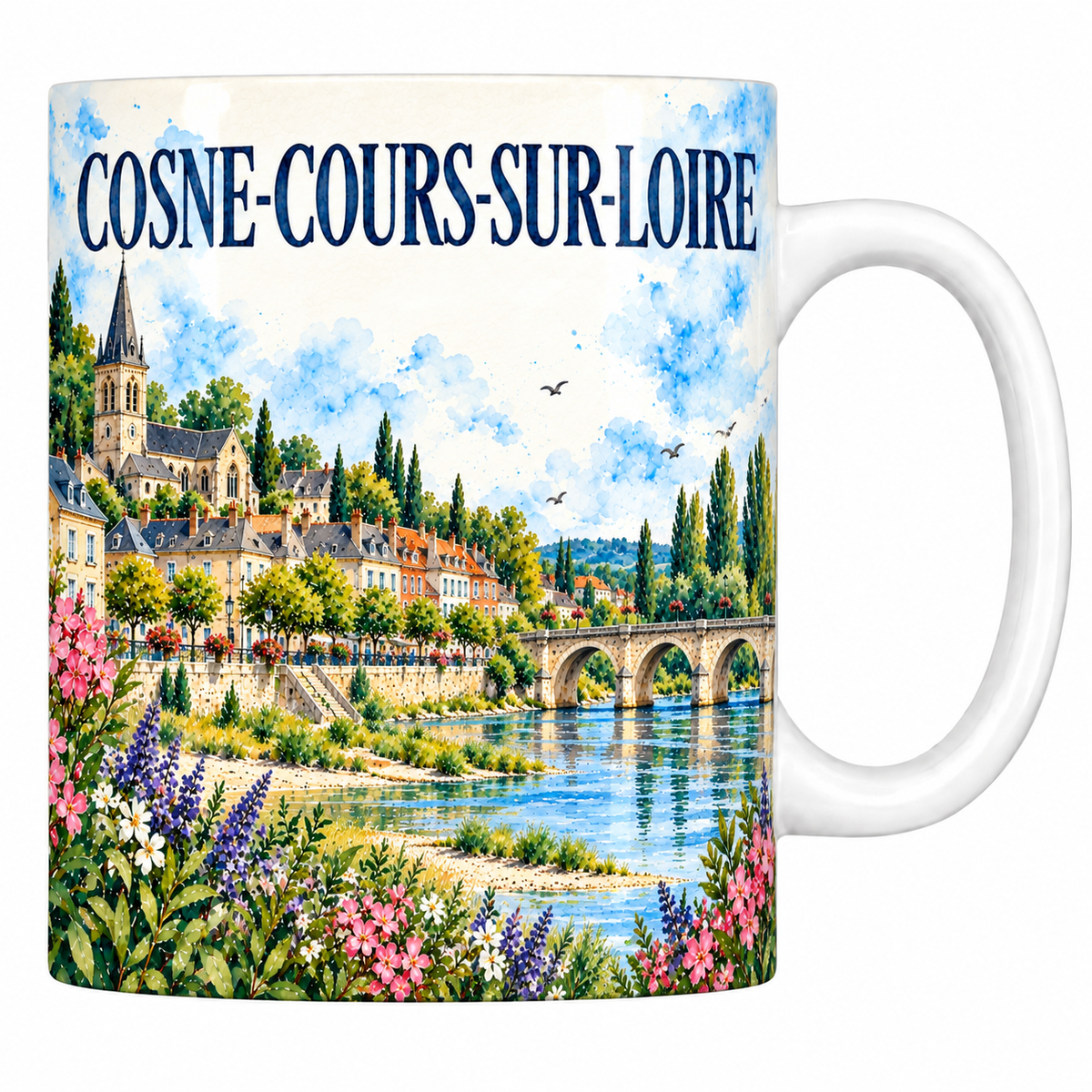 Mug céramique 330 ml Cosne-Cours-sur-Loire : l'église, le quai et le pont de pierre sur la Loire en aquarelle