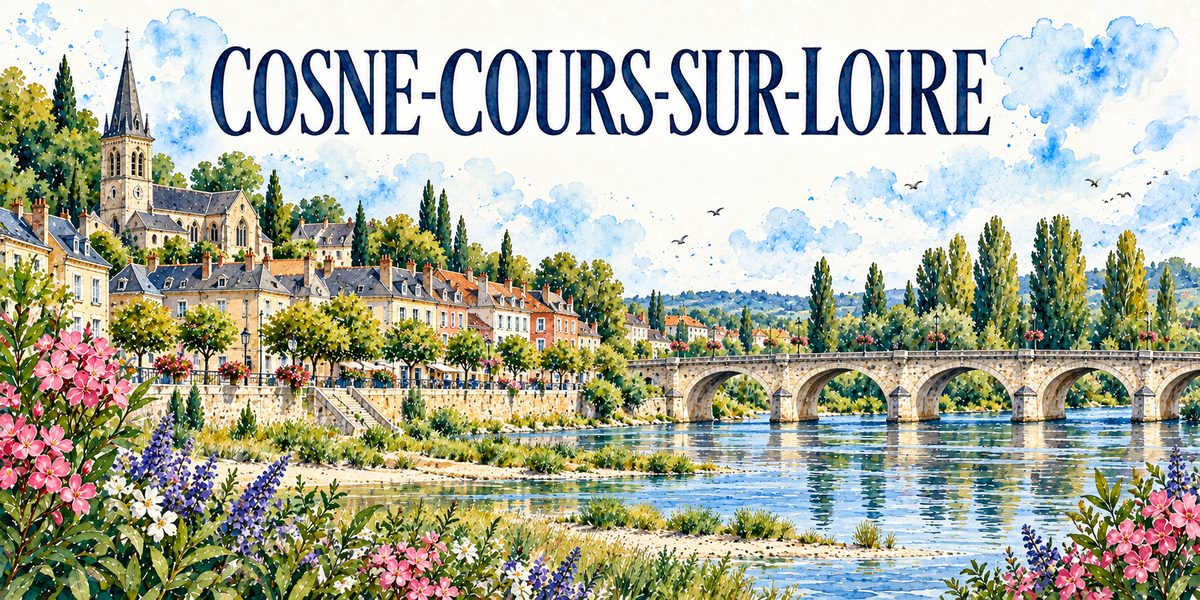 Cosne-Cours-sur-Loire en aquarelle : l'église de pierre claire à gauche avec son clocher à horloge et sa haute flèche d'ardoise, les immeubles du quai aux toits d'ardoise et de tuiles, leurs terrasses et leurs arbres taillés, le long pont de pierre à nombreuses arches franchissant la Loire, les bancs de sable et les îlots du fleuve, les peupliers alignés sur l'autre rive, les collines boisées au fond, lauriers-roses et lupins au premier plan
