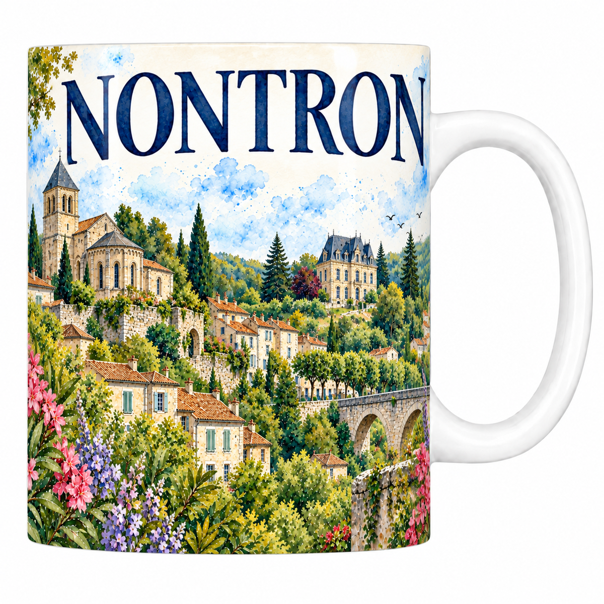 Mug céramique 330 ml Nontron : l'église romane, les toits de tuiles en terrasses et le viaduc en aquarelle