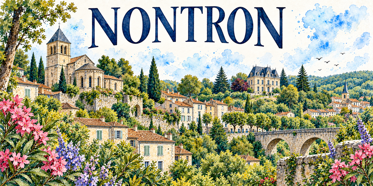 Nontron en aquarelle : l'église romane de pierre claire à gauche, son clocher-tour carré à arcatures coiffé d'une flèche d'ardoise et son abside arrondie, la ville étagée en terrasses aux toits de tuiles brunes et volets verts, les murs de soutènement en pierre et leurs arches, une grande demeure à toit d'ardoise sur la hauteur à droite, un viaduc de pierre à arches, les collines boisées du Périgord vert au fond, lauriers-roses et lavandes au premier plan