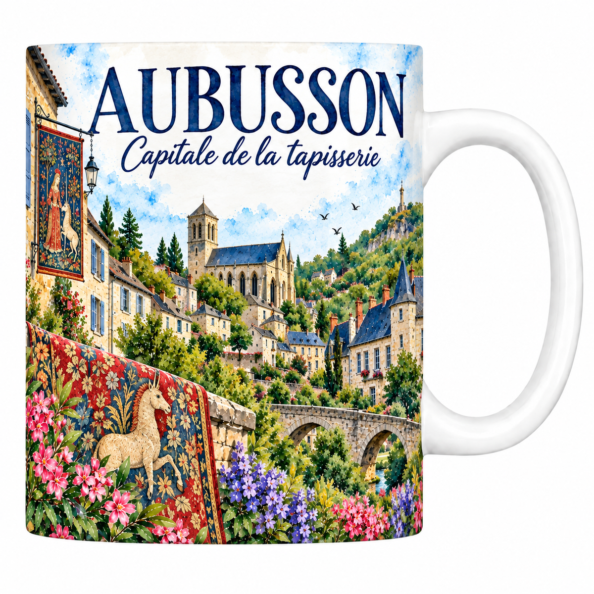 Mug céramique 330 ml Aubusson : la ville dans sa vallée, l'église et une tapisserie de style médiéval en aquarelle