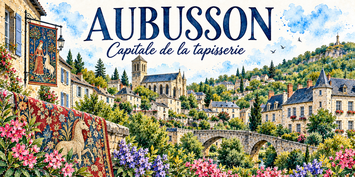 Aubusson en aquarelle, avec le sous-titre imprimé Capitale de la tapisserie en cursive : une maison de pierre claire portant une enseigne-tapisserie de style médiéval à fond de millefleurs où figurent une dame et une licorne, une grande tenture du même style étalée au premier plan, la ville étagée dans sa vallée, son église au clocher-tour roman carré et son chevet gothique, les maisons aux toits d'ardoise, un pont de pierre à arches, les collines boisées et une tour sur la crête