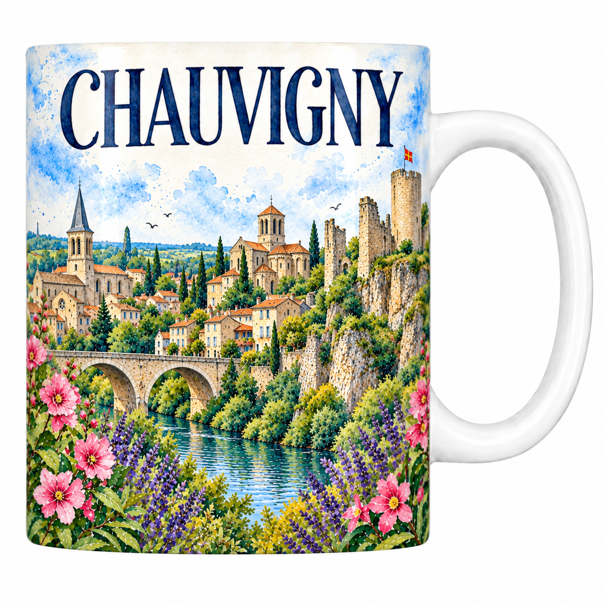 Mug céramique 330 ml Chauvigny : le donjon sur son rocher, la collégiale romane et le pont sur la Vienne en aquarelle