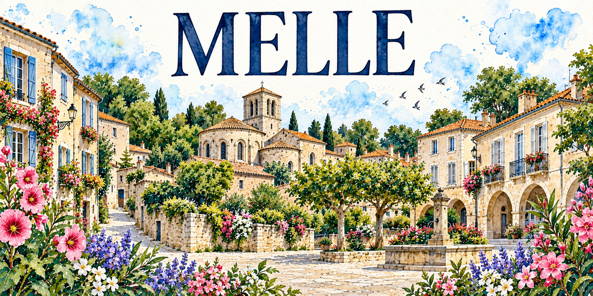 Melle en aquarelle : l'église romane de pierre blonde au centre avec son clocher-tour carré à baies géminées et son chevet à absidioles couvertes de tuiles romanes, les maisons de pierre claire aux volets bleus et toits de tuiles, un bâtiment à arcades à droite, une fontaine de pierre sur la place pavée, les arbres taillés en boule, un lampadaire en potence, des martinets en vol, roses trémières roses et lavandes au premier plan