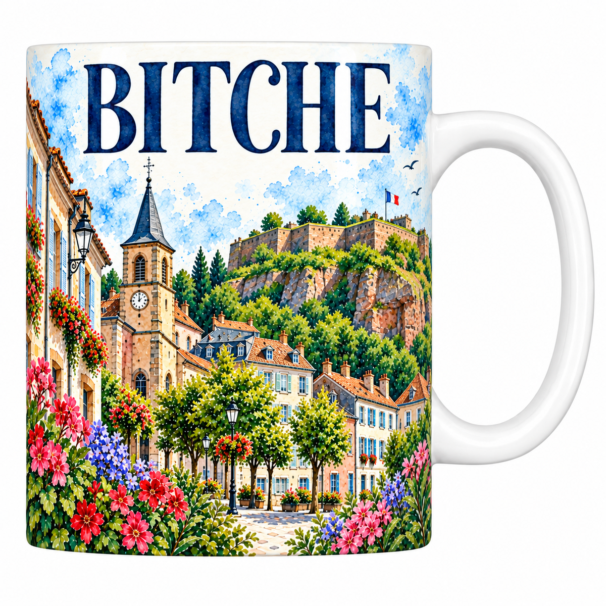 Mug céramique 330 ml Bitche : la citadelle sur son rocher, l'église à horloge et la place en aquarelle