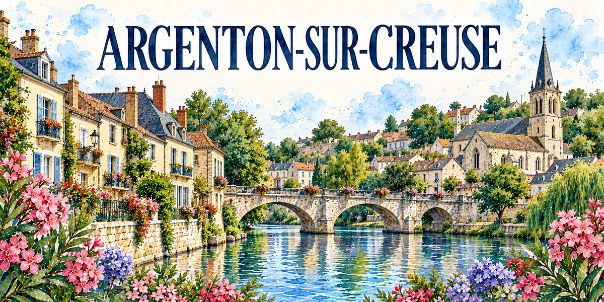 Argenton-sur-Creuse en aquarelle : les maisons de pierre claire à gauche, leurs balcons de fer forgé fleuris et leurs volets bleus surplombant la Creuse, leurs toits d'ardoise et leurs cheminées de brique, un pont de pierre à arches fleuri de géraniums, la grande église de pierre blonde à droite avec ses contreforts et son haut clocher-tour à flèche d'ardoise ajourée, les saules pleureurs penchés sur l'eau, la ville étagée sur le coteau au fond, les reflets sur la rivière, lauriers-roses au premier plan