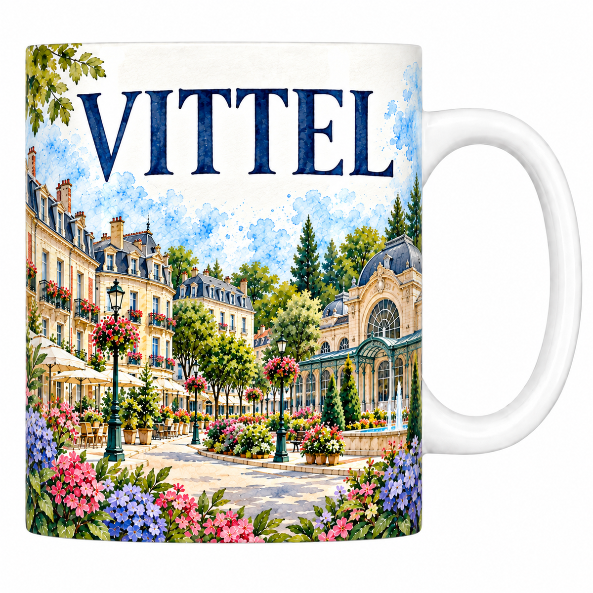 Mug céramique 330 ml Vittel : les immeubles Belle Époque, le bâtiment thermal et sa galerie vitrée en aquarelle