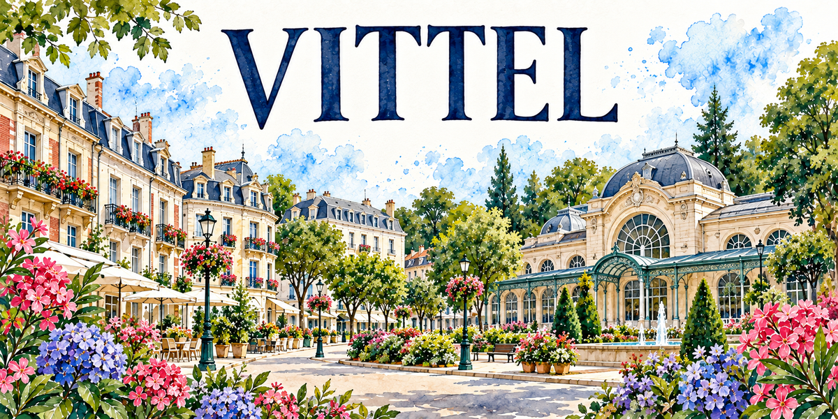 Vittel en aquarelle : les grands immeubles de pierre claire et brique à gauche, leurs toits d'ardoise mansardés à lucarnes, leurs balcons en fer forgé fleuris de géraniums et les parasols de leurs terrasses, un vaste bâtiment thermal à droite avec sa grande baie cintrée, sa coupole d'ardoise et sa longue galerie vitrée à charpente métallique verte, une fontaine, les arbres taillés, les sapins et les lampadaires en fonte, lauriers-roses au premier plan