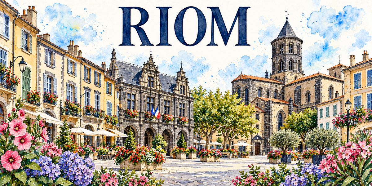 Riom en aquarelle : un grand édifice Renaissance de pierre volcanique sombre au centre, ses arcades, son toit d'ardoise, ses lucarnes à frontons sculptés et son drapeau tricolore, une église romane de pierre de lave à droite avec son chevet à absidioles couvertes de tuiles et son clocher-tour octogonal, les maisons de pierre claire à volets bleus et verts à gauche, leurs balcons fleuris, la place pavée, les arbres taillés et les oliviers en bac, hortensias bleus et roses trémières au premier plan