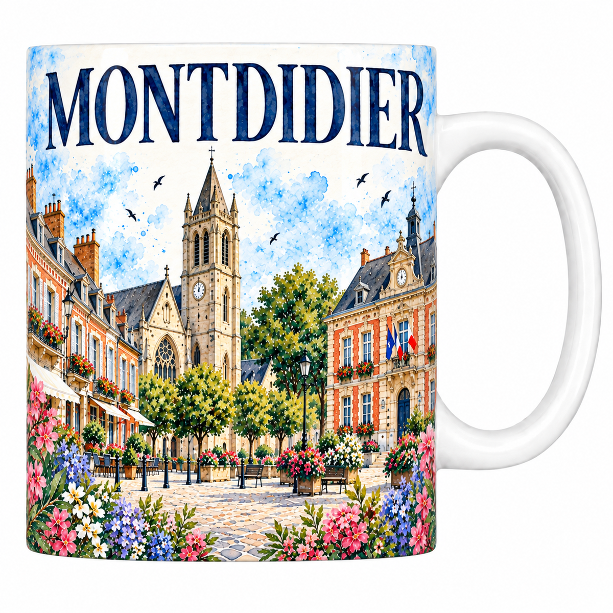 Mug céramique 330 ml Montdidier : l'église gothique, l'hôtel de ville de brique et la place pavée en aquarelle
