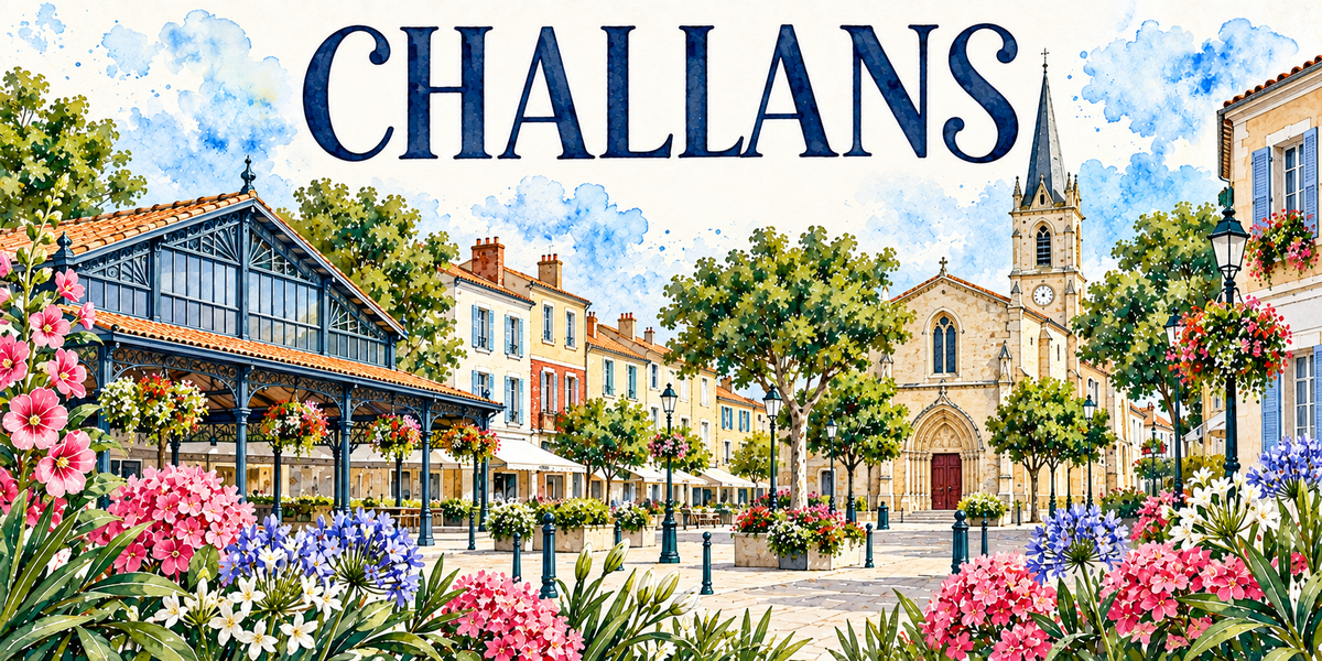 Challans en aquarelle : la halle métallique à gauche, sa charpente de fonte apparente, sa verrière et son toit de tuiles, les maisons claires aux volets bleus et verts, leurs cheminées de brique et leurs stores de terrasse, l'église gothique de pierre blonde à droite avec son portail à voussures, son clocher-tour à horloge et sa flèche d'ardoise, la place pavée plantée d'arbres taillés avec ses lampadaires en fonte et ses bacs fleuris, lauriers-roses et agapanthes au premier plan