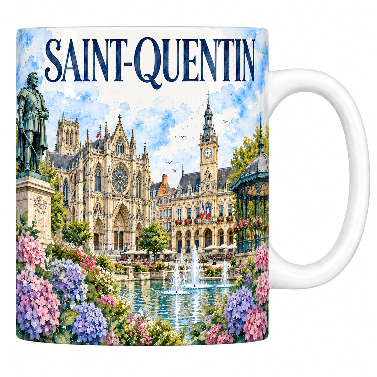 Mug céramique 330 ml Saint-Quentin : la grande église gothique, le bassin et le kiosque de fer en aquarelle
