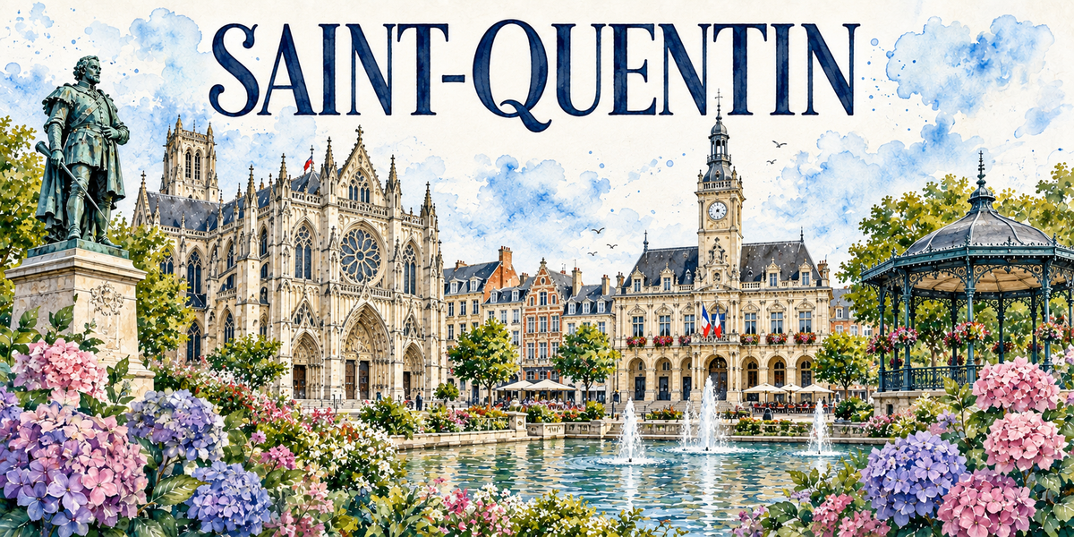 Saint-Quentin en aquarelle : la grande église gothique de pierre claire à gauche avec ses arcs-boutants, sa rosace, ses pinacles et sa tour, un bâtiment clair à droite coiffé d'un campanile à horloge et pavoisé du drapeau tricolore, un kiosque de fer forgé à toit d'ardoise à l'extrême droite, un large bassin et ses jets d'eau au premier plan, une statue de bronze représentant un homme en armure sur un haut socle de pierre à gauche, les arbres taillés et les hortensias roses et mauves