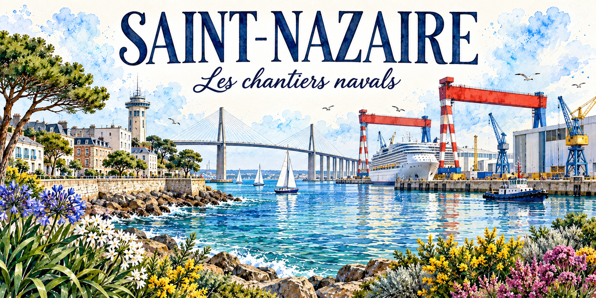 Saint-Nazaire en aquarelle, avec le sous-titre imprimé Les chantiers navals en cursive : le grand portique rouge et blanc des chantiers à droite, un navire blanc à quai, les grues bleues et jaunes et les halls de montage, le pont à haubans qui franchit l'estuaire au centre, une tour de pierre blanche et les immeubles clairs du front de mer à gauche, des voiliers et un remorqueur sur l'eau, les rochers et la digue, agapanthes bleues au premier plan