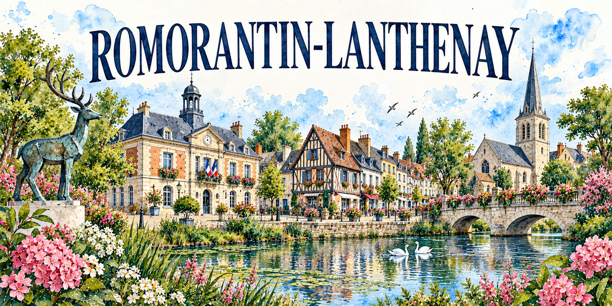 Romorantin-Lanthenay en aquarelle : une sculpture de cerf en bronze dressée sur un socle de pierre à gauche, l'hôtel de ville de brique et pierre avec son toit d'ardoise, son campanile à horloge et ses drapeaux, une maison à pans de bois aux colombages bruns et toit de tuiles au centre, l'église de pierre claire à droite avec son clocher-tour et sa haute flèche d'ardoise, un pont de pierre à arches, la rivière et ses cygnes, lauriers-roses au premier plan