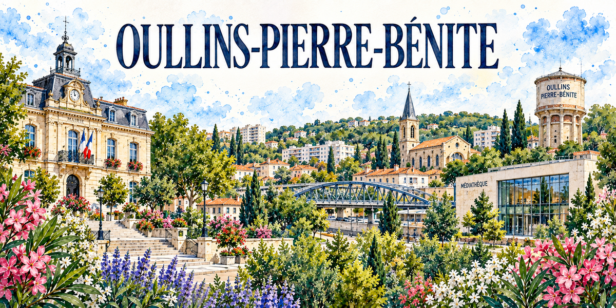 Oullins-Pierre-Bénite en aquarelle : la mairie classique de pierre claire à gauche, son campanile à horloge, son perron et son drapeau tricolore, un pont métallique bleu à treillis au centre, un bâtiment contemporain vitré à droite, un château d'eau de brique portant le nom de la commune, une église de pierre à flèche d'ardoise, les coteaux habités et boisés au fond, les cyprès, les lampadaires et les massifs, lauriers-roses et lavandes au premier plan