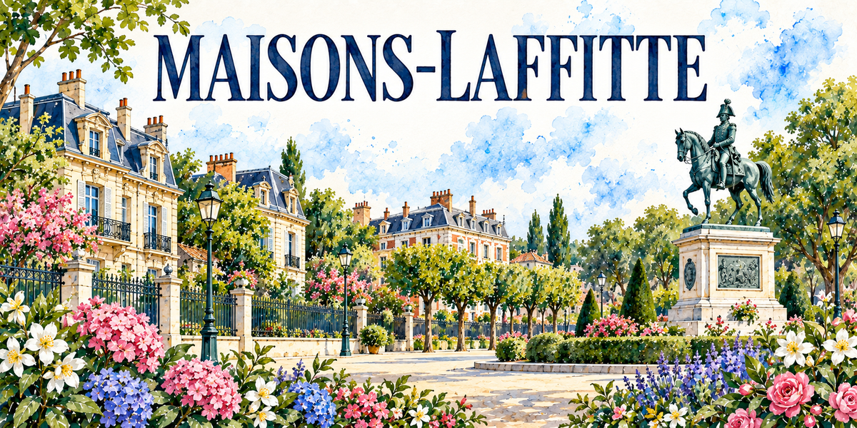 Maisons-Laffitte en aquarelle : les demeures claires à gauche avec leurs toits d'ardoise mansardés, leurs cheminées de brique et leurs balcons en fer forgé, la grille de fer et ses piliers de pierre, l'allée plantée d'arbres taillés et d'ifs coniques, une statue équestre de bronze représentant un militaire en bicorne, dressée sur un haut socle de pierre orné d'un bas-relief à droite, les lampadaires en fonte, hortensias roses et bleus et rosiers au premier plan