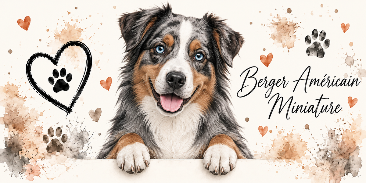 Illustration aquarelle Berger américain miniature : chien bleu merle marqué de feu, aux yeux bleus, accoudé à une bordure sur fond crème, empreintes de pattes, cœur tracé au trait et éclaboussures