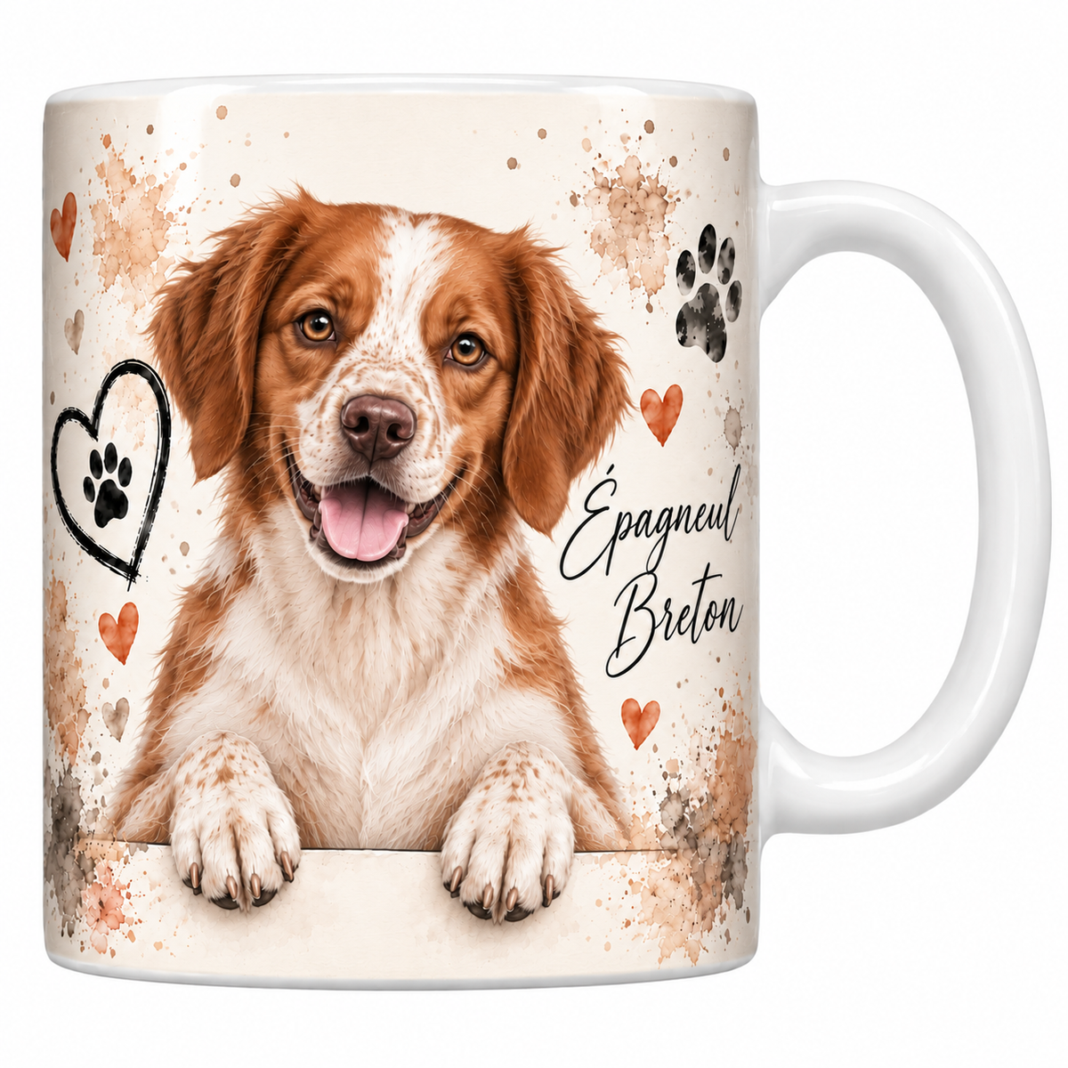 Mug blanc Épagneul breton aquarelle : chien orange et blanc à la tête rousse barrée de blanc accoudé à une bordure, empreintes de pattes et cœur au trait