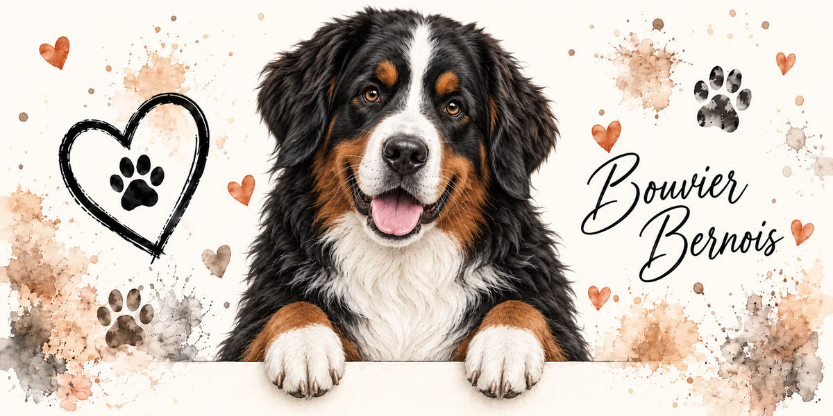 Illustration aquarelle Bouvier bernois : chien tricolore noir, blanc et feu, liste blanche entre les yeux, accoudé à une bordure sur fond crème, empreintes de pattes, cœur tracé au trait et éclaboussures