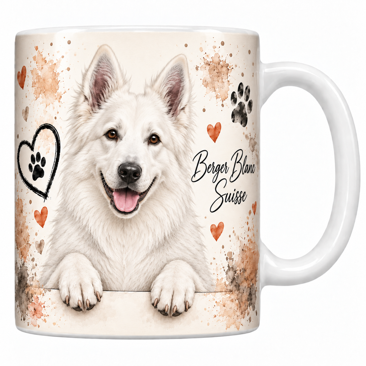 Mug blanc Berger blanc suisse aquarelle : chien blanc aux oreilles droites accoudé à une bordure, empreintes de pattes et cœur au trait