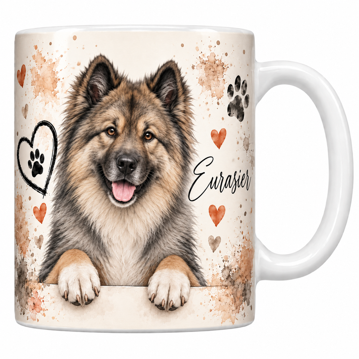 Mug blanc Eurasier aquarelle : chien fauve charbonné aux oreilles dressées accoudé à une bordure, empreintes de pattes et cœur au trait