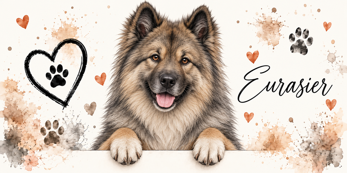 Illustration aquarelle Eurasier : chien de type spitz à la robe fauve charbonnée, oreilles triangulaires dressées, accoudé à une bordure sur fond crème, empreintes de pattes, cœur tracé au trait et éclaboussures
