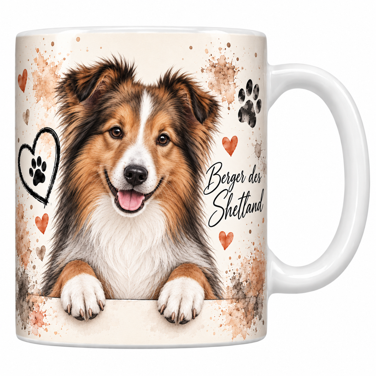 Mug blanc Berger des Shetland aquarelle : chien zibeline et blanc à collerette accoudé à une bordure, empreintes de pattes et cœur au trait