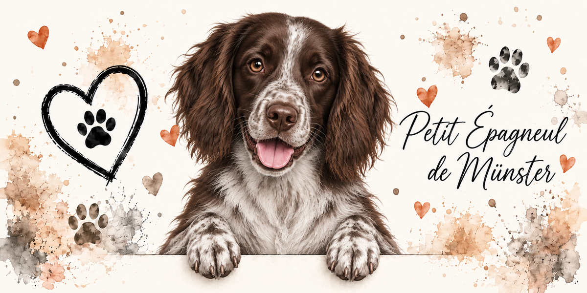 Illustration aquarelle Petit épagneul de Münster : chien marron et blanc rouanné, tête brune barrée de blanc, longues oreilles frangées, accoudé à une bordure sur fond crème, empreintes de pattes, cœur tracé au trait et éclaboussures