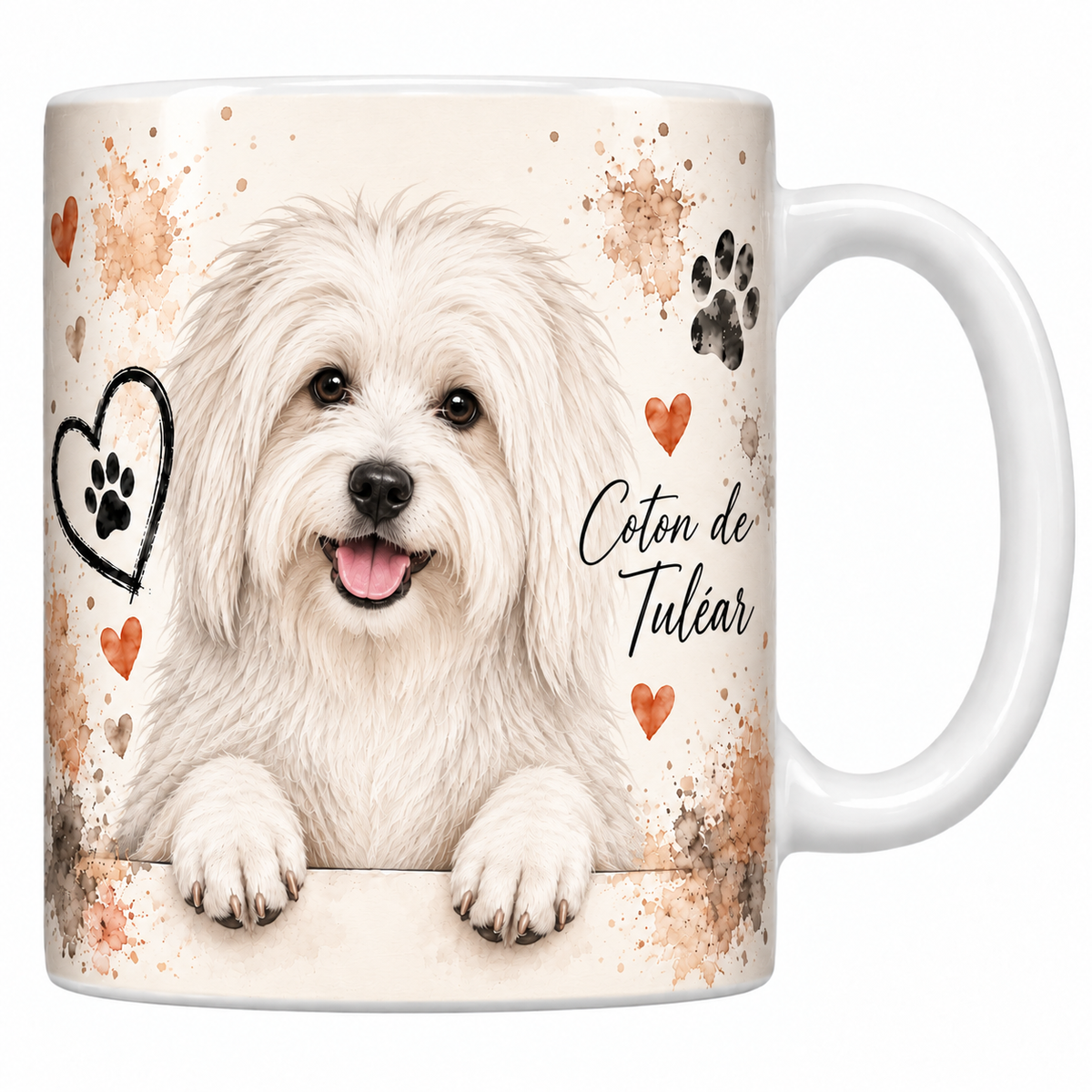 Mug blanc Coton de Tuléar aquarelle : petit chien blanc au poil cotonneux accoudé à une bordure, empreintes de pattes et cœur au trait