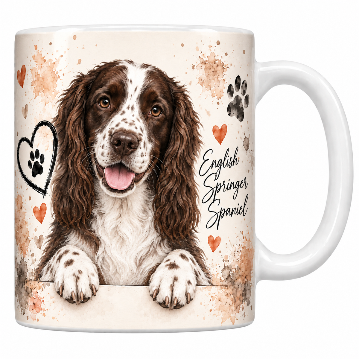 Mug blanc English springer spaniel aquarelle : chien foie et blanc aux longues oreilles ondulées accoudé à une bordure, empreintes de pattes et cœur au trait