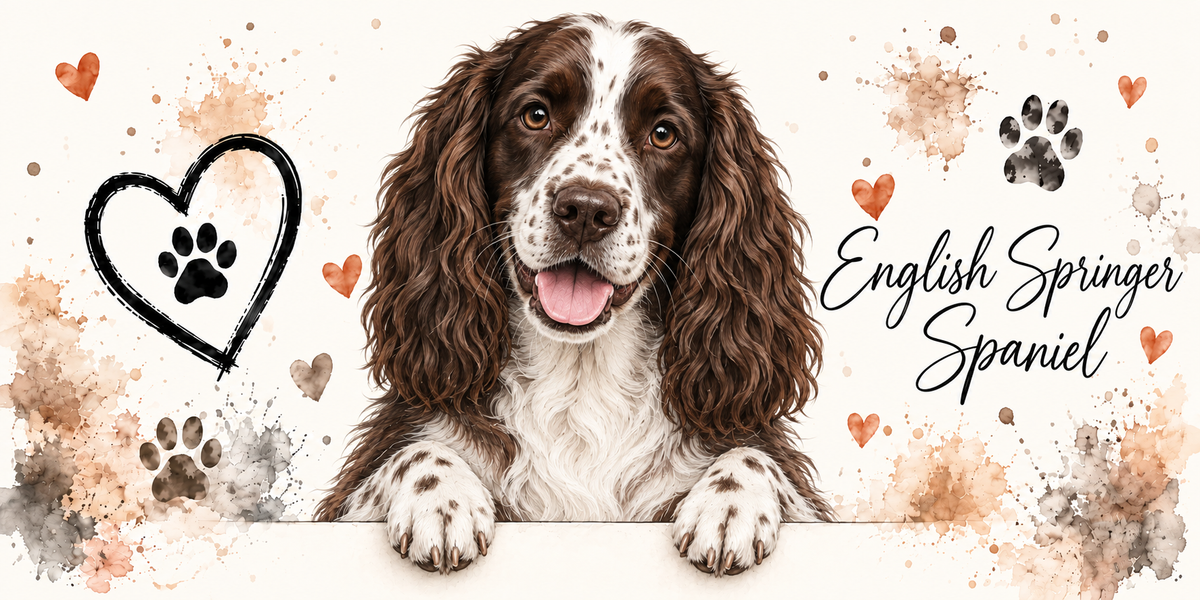 Illustration aquarelle English springer spaniel : chien foie et blanc, longues oreilles ondulées, liste blanche entre les yeux, accoudé à une bordure sur fond crème, empreintes de pattes, cœur tracé au trait et éclaboussures