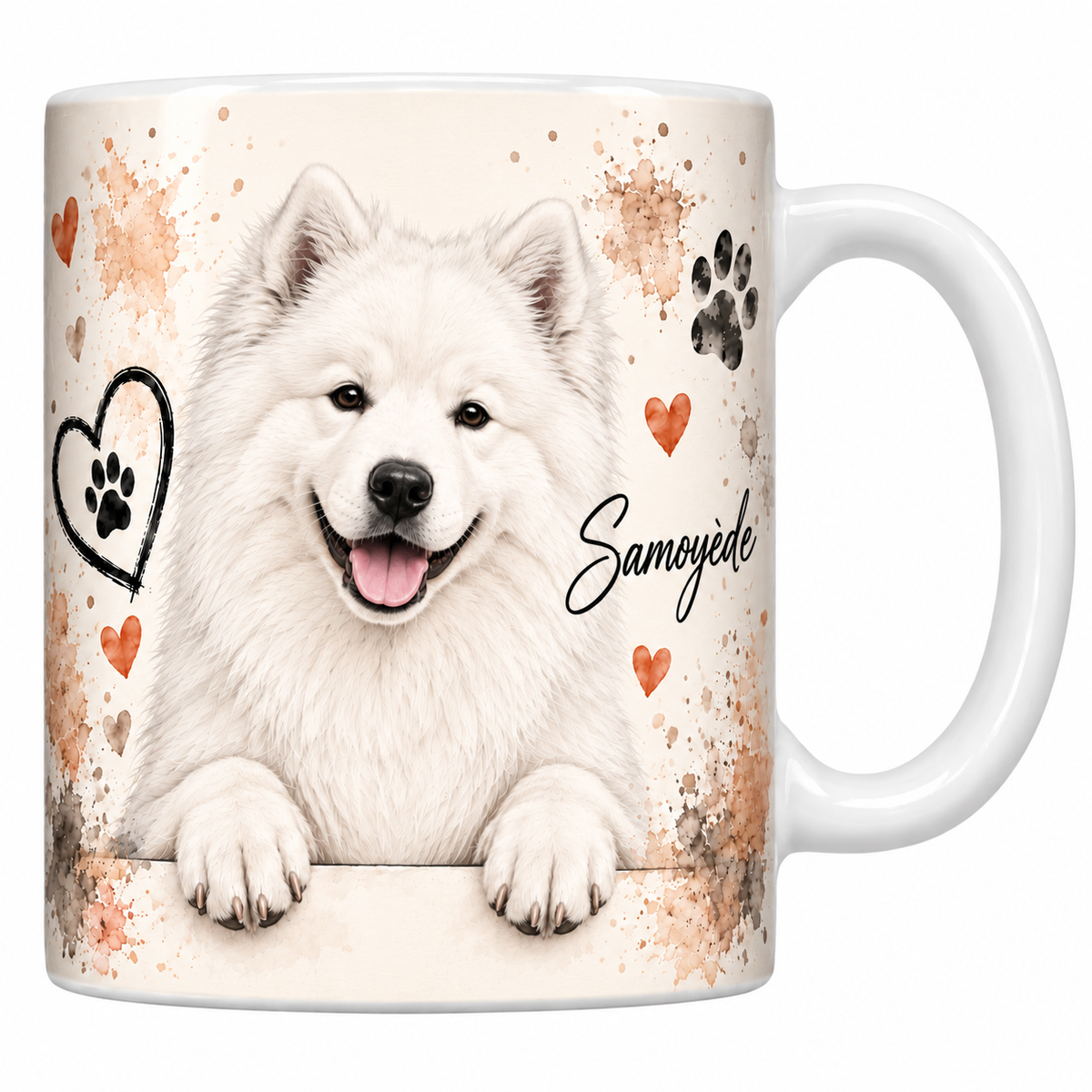 Mug blanc Samoyède aquarelle : chien blanc aux oreilles dressées accoudé à une bordure, empreintes de pattes et cœur au trait