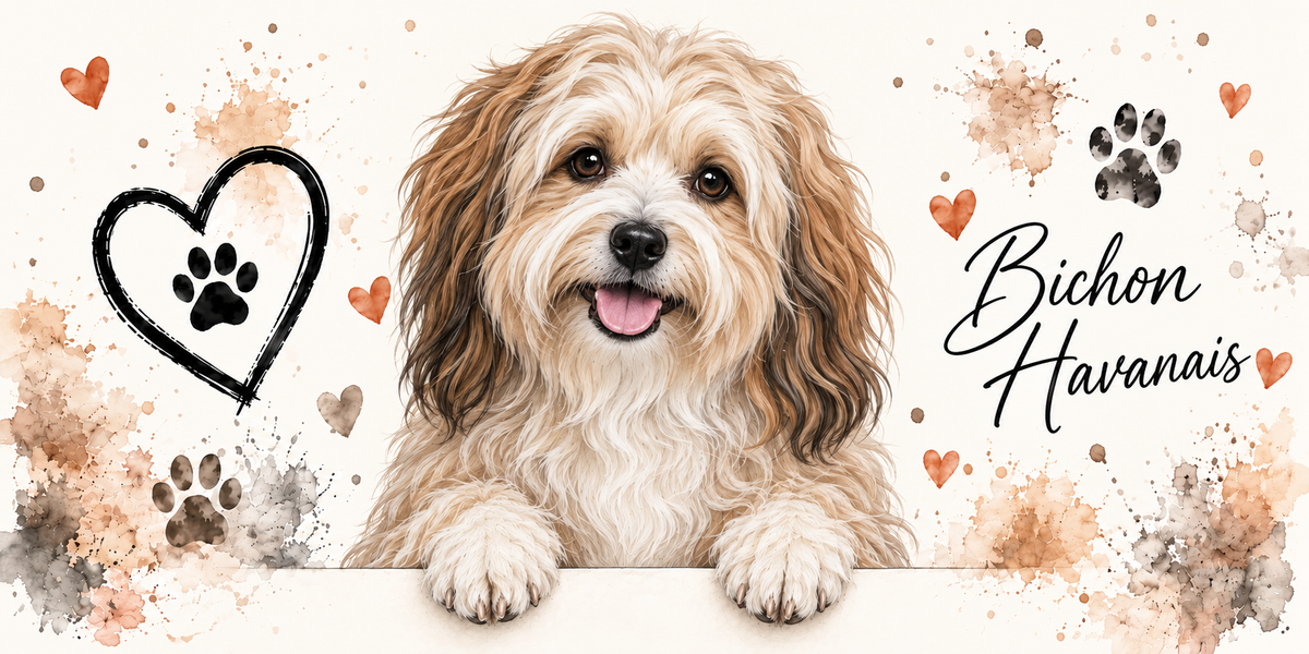 Illustration aquarelle Bichon havanais : petit chien crème et blanc au poil long et ondulé, oreilles tombantes frangées, accoudé à une bordure sur fond crème, empreintes de pattes, cœur tracé au trait et éclaboussures