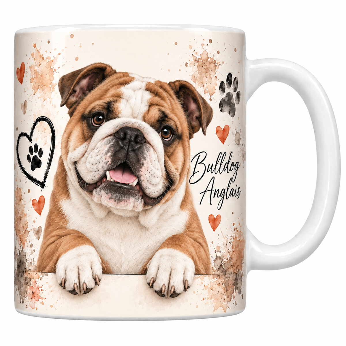 Mug blanc Bulldog anglais aquarelle : chien fauve et blanc au museau écrasé accoudé à une bordure, empreintes de pattes et cœur au trait