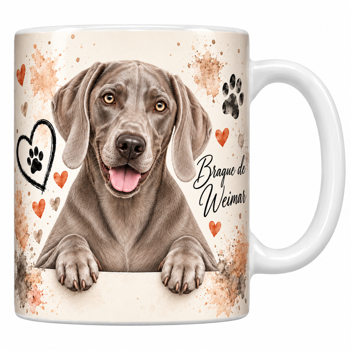 Mug blanc Braque de Weimar aquarelle : chien gris souris aux yeux ambre accoudé à une bordure, empreintes de pattes et cœur au trait