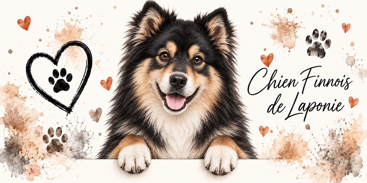 Illustration aquarelle Chien finnois de Laponie : spitz noir à marques feu, oreilles dressées et collerette abondante, accoudé à une bordure sur fond crème, empreintes de pattes, cœur tracé au trait et éclaboussures