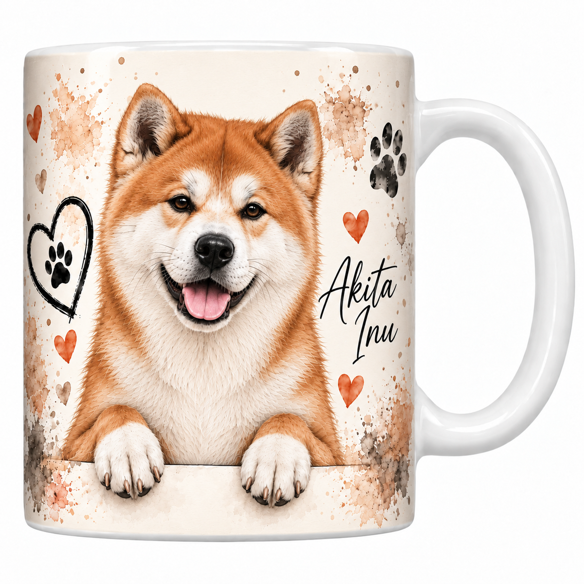 Mug blanc Akita inu aquarelle : chien roux au masque blanc et aux oreilles dressées accoudé à une bordure, empreintes de pattes et cœur au trait