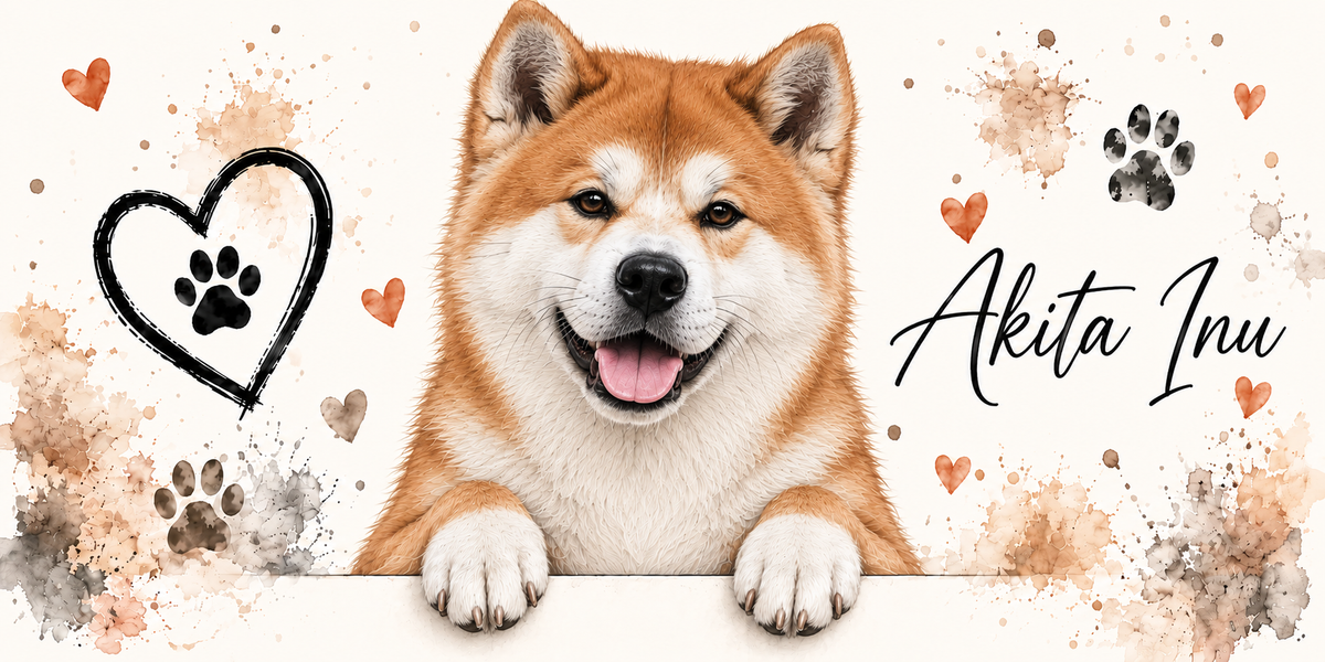 Illustration aquarelle Akita inu : chien roux au masque et aux joues blancs, petites oreilles dressées, accoudé à une bordure sur fond crème, empreintes de pattes, cœur tracé au trait et éclaboussures