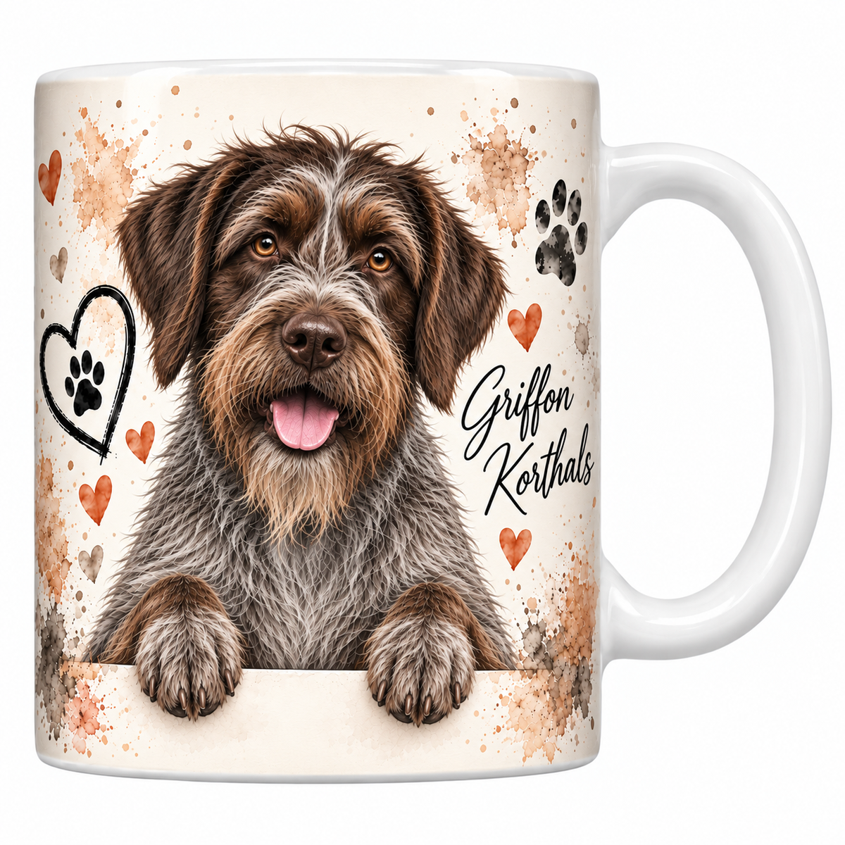 Mug blanc Griffon Korthals aquarelle : chien brun et gris au poil dur et à la barbe fournie accoudé à une bordure, empreintes de pattes et cœur au trait