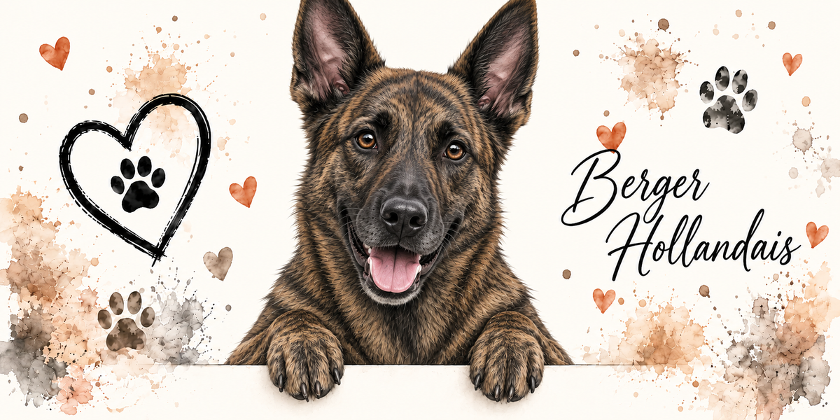 Illustration aquarelle Berger hollandais : chien à la robe bringée fauve rayée de noir, oreilles droites, accoudé à une bordure sur fond crème, empreintes de pattes, cœur tracé au trait et éclaboussures